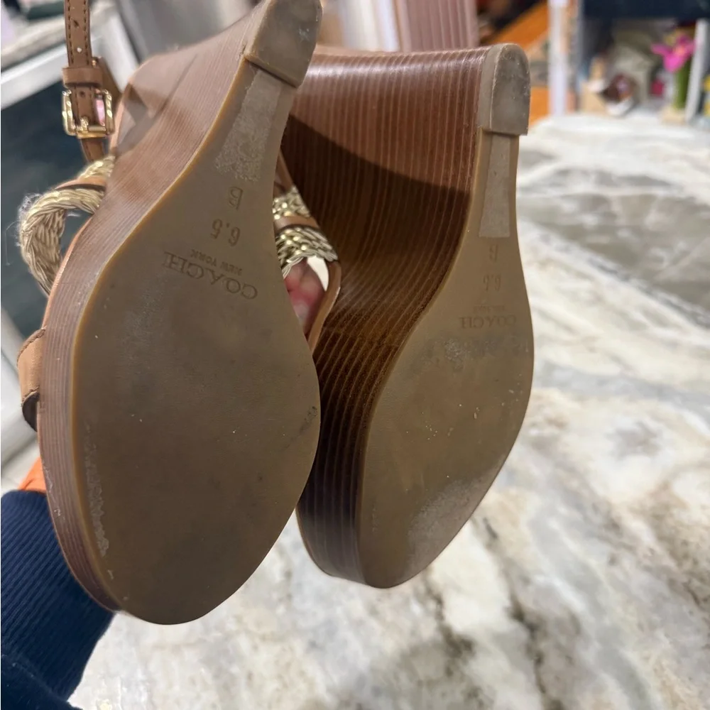 Gorgeous EUC Coach Women's Gold and Tan Wedge Sandals